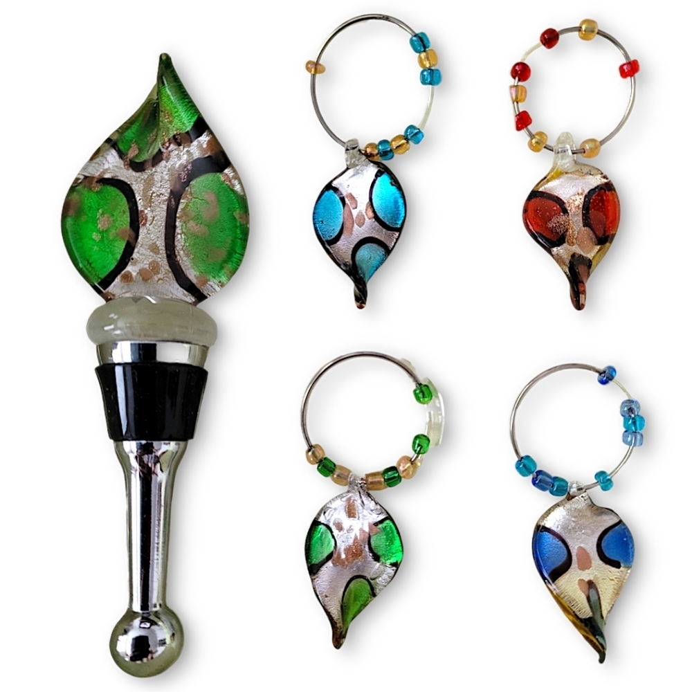 90s Venezia Studio Glass Wine Bottle Stopper and Charms